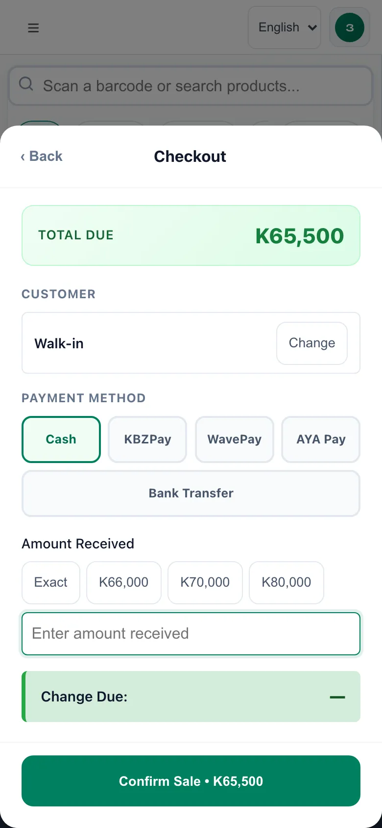 Taking payment: cash, KBZPay, WavePay, AYA Pay or bank transfer, with quick buttons for the notes people hand over.